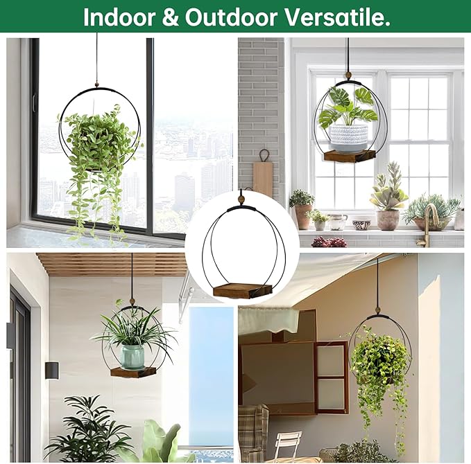 2 Pack Hanging Planter for Indoor Plants, Black Plant Hanger with Sturdy Wood Base, Modern Boho Macrame Hanger, Wall Ceiling Window Planter (Plants/Pots Not Included)