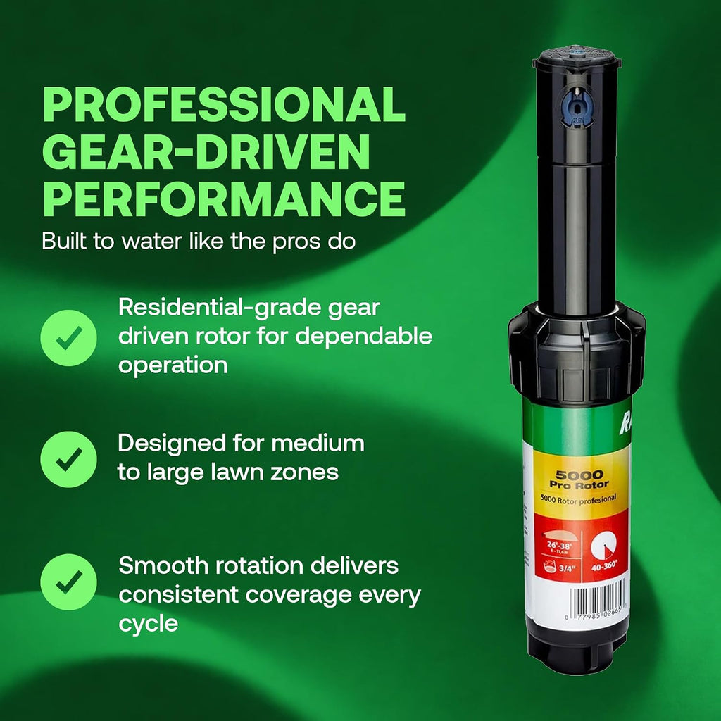 Rain Bird 5000 Heavy Duty Simple Adjust Gear Driven Rotor Sprinkler Head | 4-Pack, 3/4 inch Inlet - Water Efficient 4 inch Pop Up Lawn Sprinkler, Adjustable 40 - 360 Degree Arc and 25 - 50 ft Radius