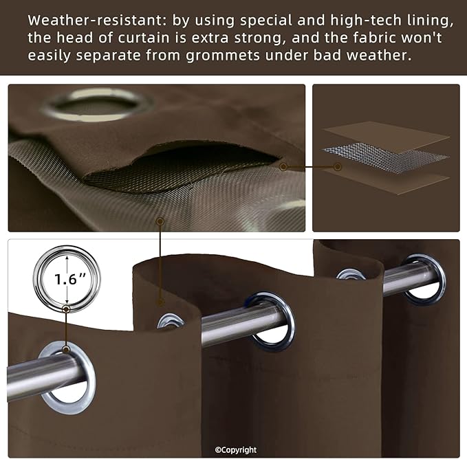 Outdoor Indoor Curtains for Patio - Weather-resistant Window Panels Privacy Protect Grommet Top Thermal Insulated for Porch Pergola Lawn Garden Hot Tub Area ( W52 x L63, Brown, 2 Panels)