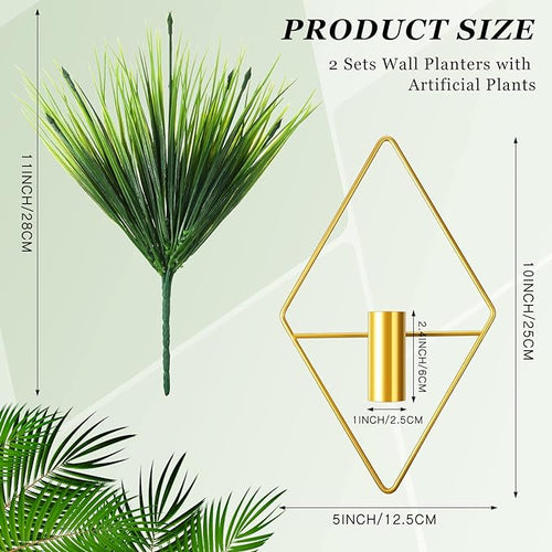 2 Pieces Gold Wall Decor Hanging Planters with Artificial Plants Metal Vase Indoor Plants Holder Modern Geometric Wall Art for Home Bathroom Bedroom Living Room Office(Aquatic Plant,Small)