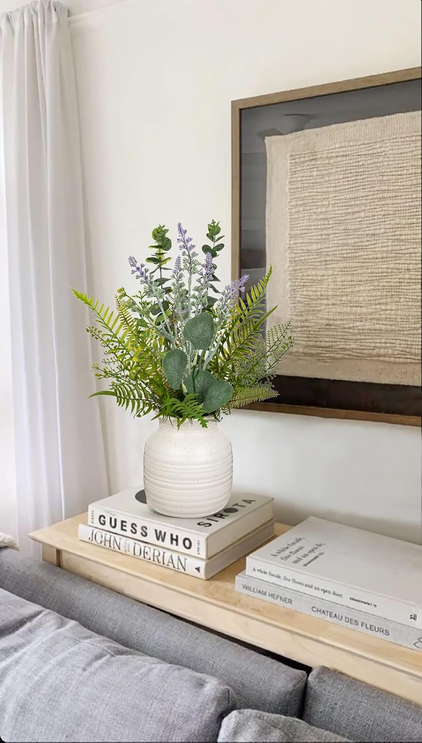 artificial eucalyptus & lavender arrangement in ceramic vase, side view