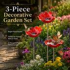 3 Pcs Metal Flower Bird Bath Garden Stakes, Red Poppy Flower Bowl Outdoor Yard Decor,Handmade Style Decorative Bird Feeder Water Bowl for Birds, Bees, Butterflies, Beds,Patio, Lawn and Garden