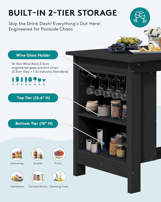 SERWALL 3-Piece Outdoor Counter Height Bar Set, HDPE Patio Bar Table with Wine Rack & Storage Shelf, 2 All-Weather Bar Stools, Patio Bar Dining Furniture Set for 3, Black