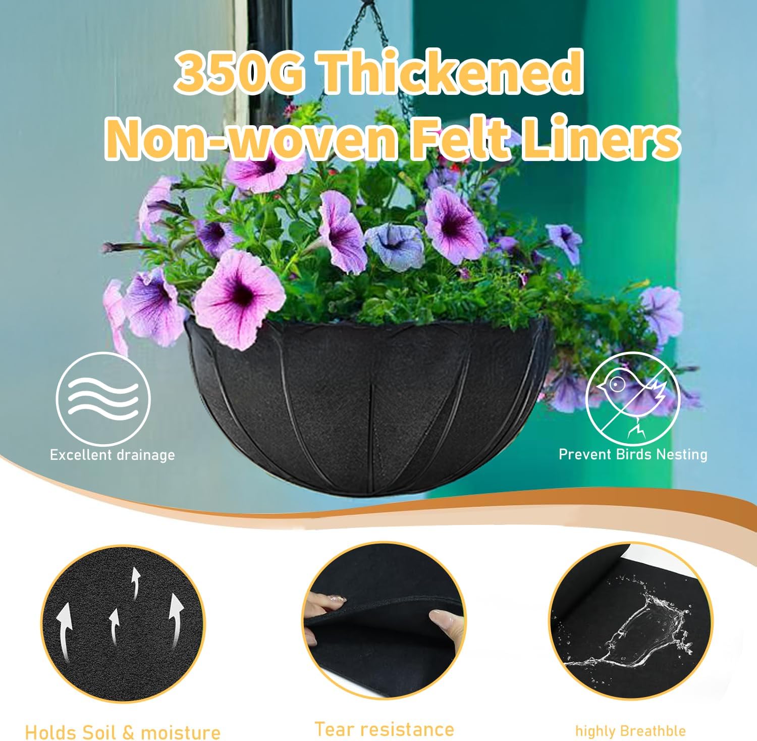 16x122 Inch Black Felt Planter Liner Roll, Non-Woven Hanging Basket Liners Coco Coir Alternative Breathable Outdoor Planter Liner Window Box Liners for Metal Basket Flower Pot Raised Garden Bed