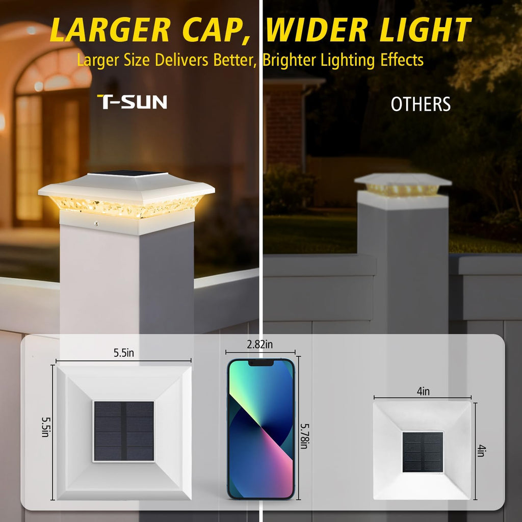 T-SUN 4x4 Solar Post Cap Light White, 6 Pack Solar Post Lights 3000K/6000K | Fit for 4x4 Vinyl Wooden Post, Waterproof Solar Post Cap Lights with Warm & Cool White, for Deck Garden Patio Yard Lighting
