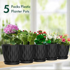 4 inch Small Plastic Nursery Pots, Seedling Pots, 5 Set Water Ripples Plant Pots for Indoor Plants, Flower Pots with Drainage Holes and Saucers, Seed Starter Pots for Succulent Plants, Black