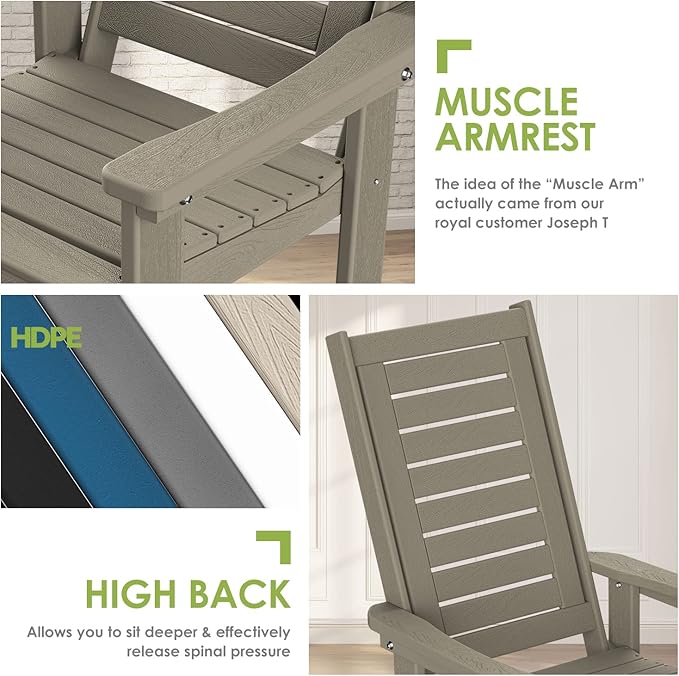 GREENVINES Outdoor Rocking Chairs | Set of 4 | Porch Rocker | HDPE Plastic | Wood Grain | Oversized Rockers | High Back | Big & Tall | Ladder Back | Desert Brown | for Patio Outside