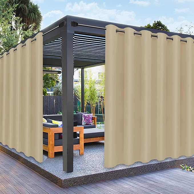 PureFit Outdoor Curtains for Patio Waterproof Weatherproof, UV Resistant Outside Curtains for Gazebo, Front Porch, Pergola, Sun Blocking Privacy Curtain, 100W x 84L inch, 1 Panel, Beige