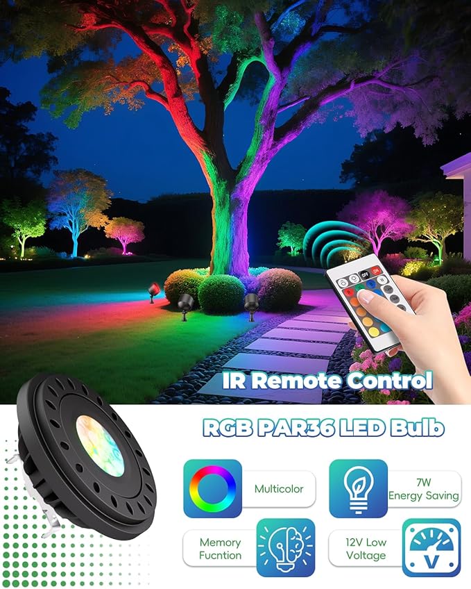 RGB PAR36 LED Light Bulb Color Changing, Warm White+15 Colors Choices on Remote Control, 12V Low Voltage Spotlight for Outdoor Landscape Lighting, Garden,Yard,Flagpole Lighting