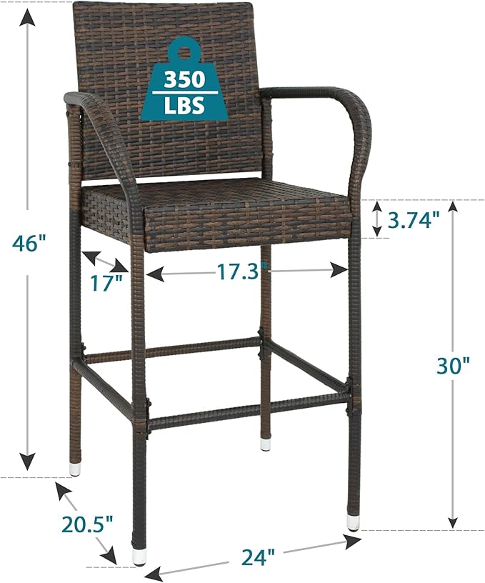 SUPER DEAL Upgraded Wicker Bar Stool Chairs Outdoor Backyard Rattan Chair w/Iron Frame, Armrest and Footrest (2)