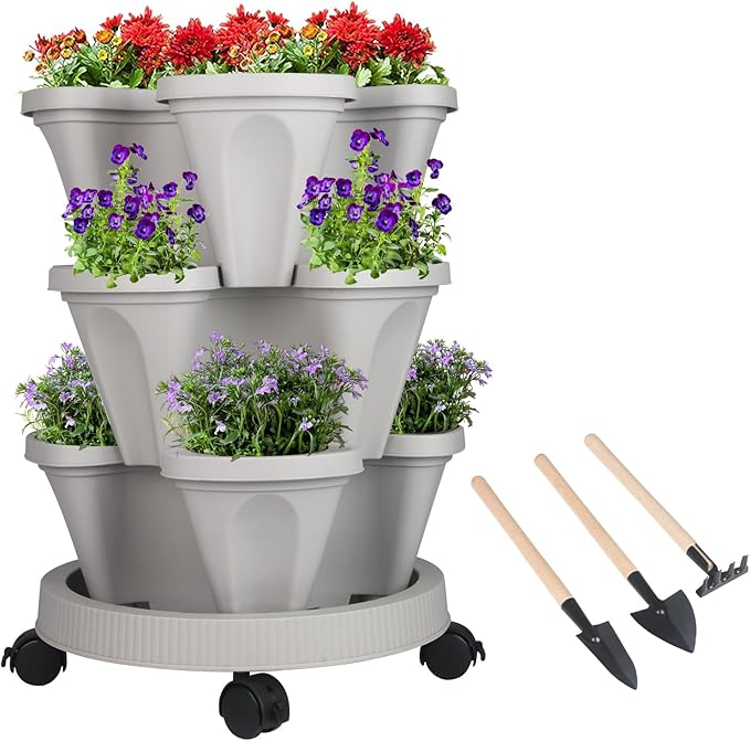 GameXcel Vertical Planter 3 Tier Stackable Planters Garden Planters Strawberry Herb Flower and Vegetable Planter Indoor Outdoor Gardening Pots with Removable Wheels and Tools