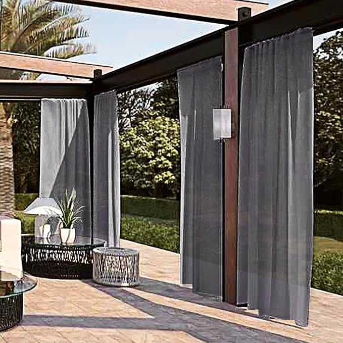 SpaceDresser Waterproof Outdoor Sheer Curtains for Patio - 4 Panels Rod Pocket Indoor Voile Sheer Curtain for Living Room,52W x 120L inch,Grey