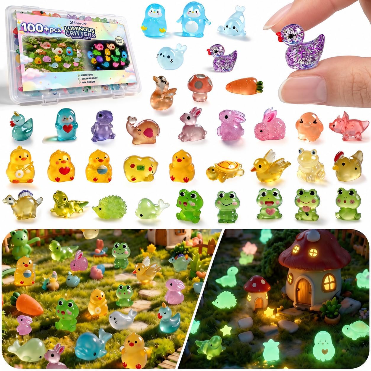 35Assorted Mini Resin Animals: 100Pcs Luminous Resin Figurines Variety Pack - Glow in the Dark Plastic Little Ducks Hedgehog Frog Rabbit Dinosaur for Fairy Garden Aquarium Fish Tank Décor