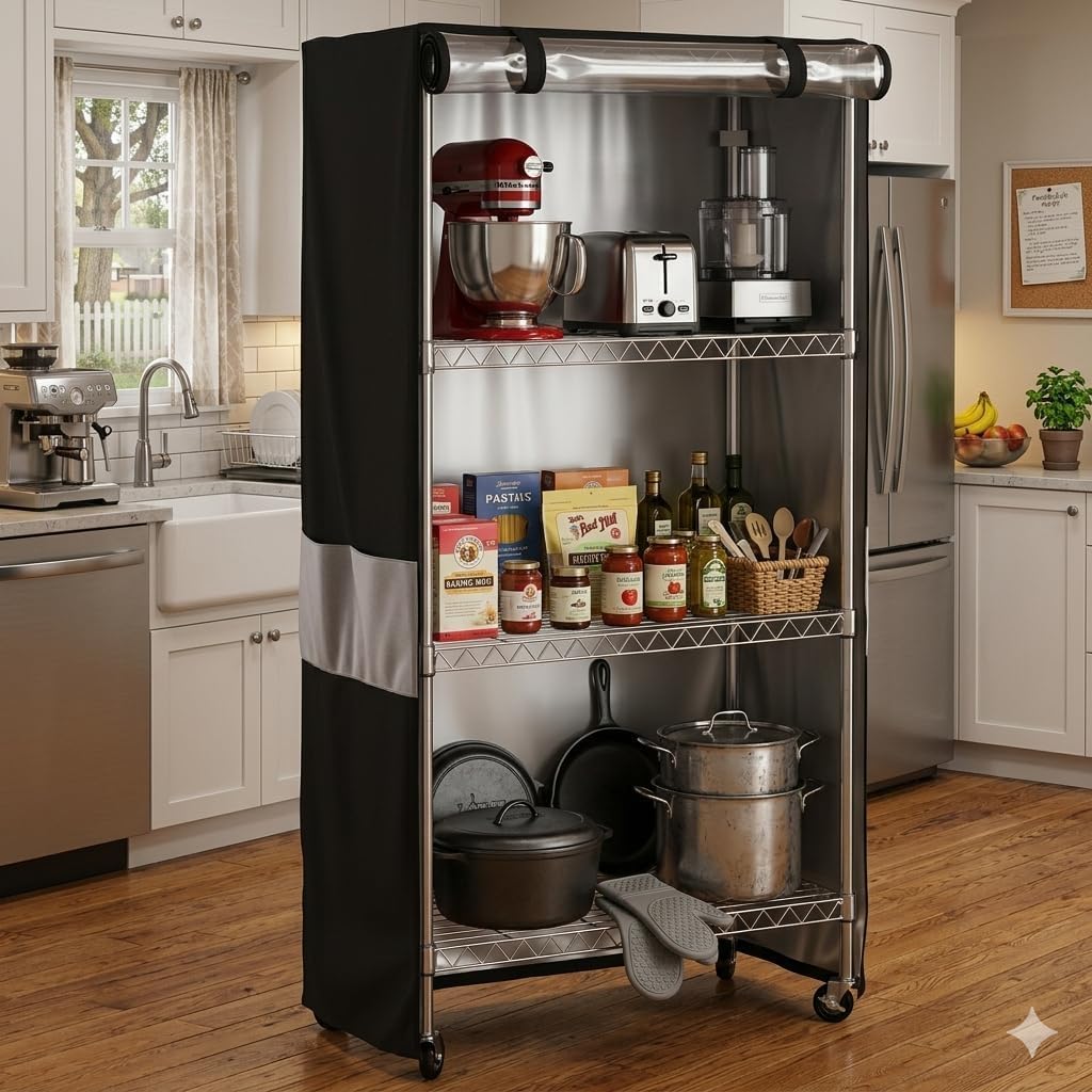 wire shelving storage cover waterproof dustproof clear window shown in use