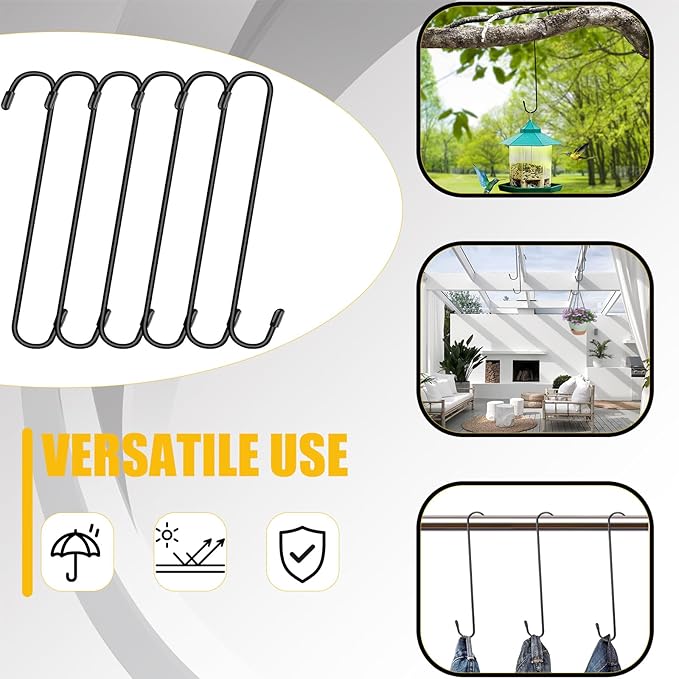 8 Pack 12 Inch Large S Hooks for Hanging Plants,Black Extra Matel Heavy Duty Hook for Hang Brsket,Bird House and Clothes