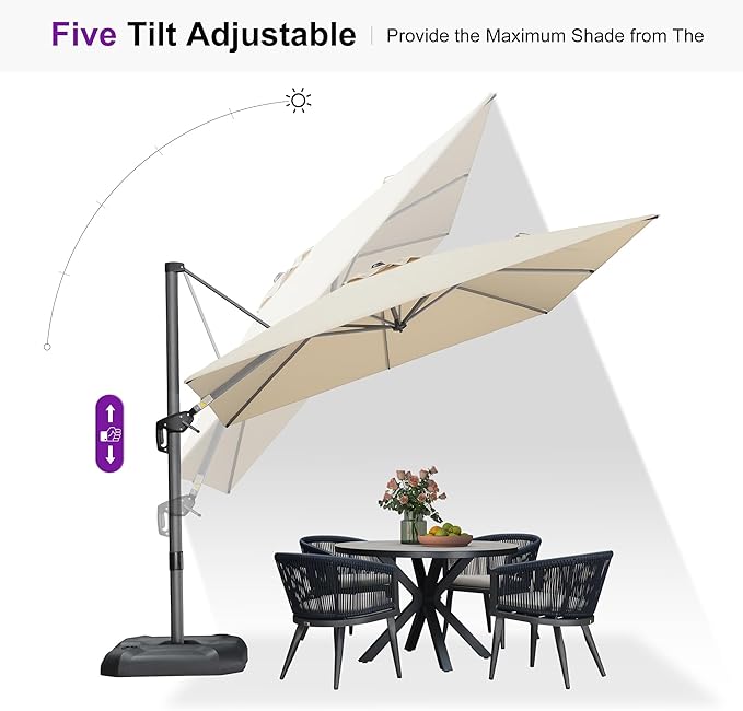 PURPLE LEAF 9'×9' Patio Umbrella with Base Outdoor Cantilever Umbrella with Cover Aluminum Square Offset Umbrella with 360-degree Rotation for Deck Pool Garden Beige