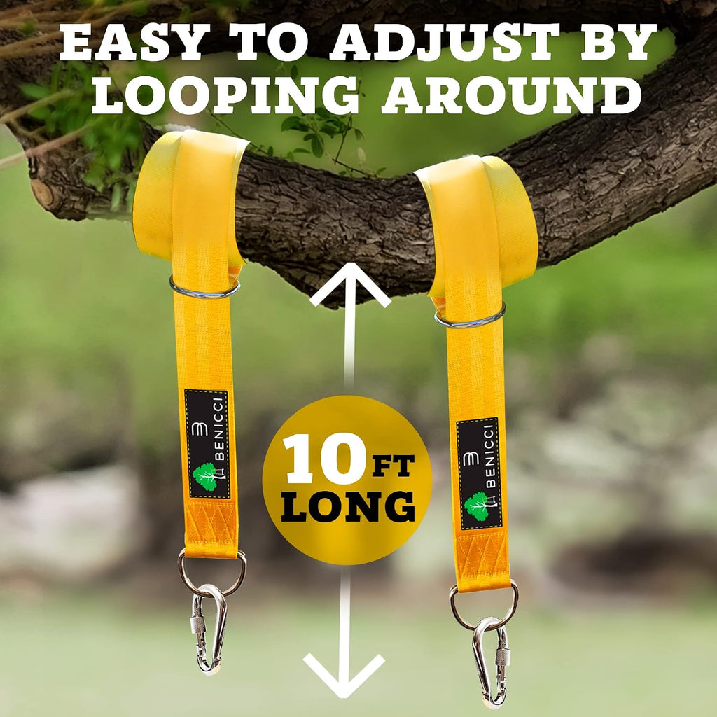 Safe Tree Swing Hanging Kit (Set of 2) - 10ft Long Straps with Two Alloy Carabiners and 2200 Lb Breaking Strength - Easy & Fast Installation for All Types of Swings and Children