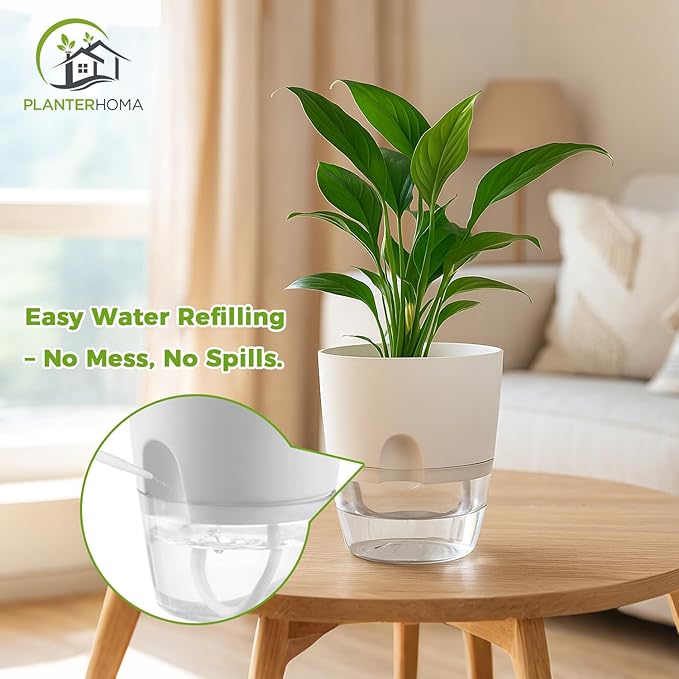 Planterhoma 8 Pack Self Watering Pots for Indoor Plants, 6 Inch Plant Pot Plastic Self Watering Planter for Orchid, African Violet, Small Clear Flower Pots with Drainage Holes and Wicking Rope, White