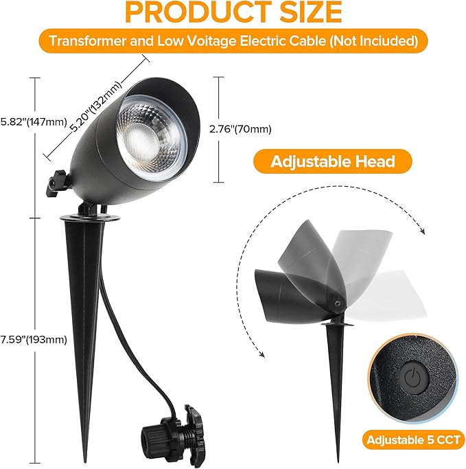 LUTEC 5CCT 12V Low Voltage Landscape Lighting Die-cast Aluminum Spot Lights with Connectors, IP65 Outdoor Landscape Spotlights, 7W 650LM for Tree Garden, 4 Pack (No Transformer Kits)
