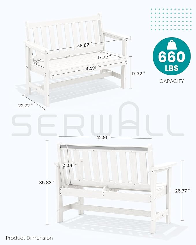 SERWALL Outdoor Bench, HDPE Outdoor Benches Weatherproof, 2-Person Garden Bench with 660 lbs Weight Capacity, Patio Benches for Outdoors, Garden, Porch, Backyard and Park, White