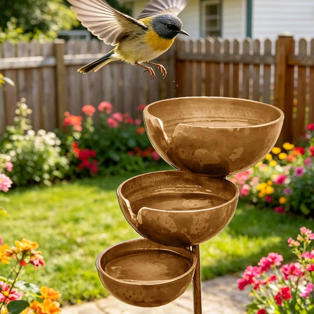 3-Tier Rain Catcher Garden Stake, Antique Bronze Metal Bird Bath & Feeder Bowls, Adjustable Height Cascading Water Station for Outdoor Yard, Lawn, Flower Bed Decor & Wildlife Pollinator Oasis