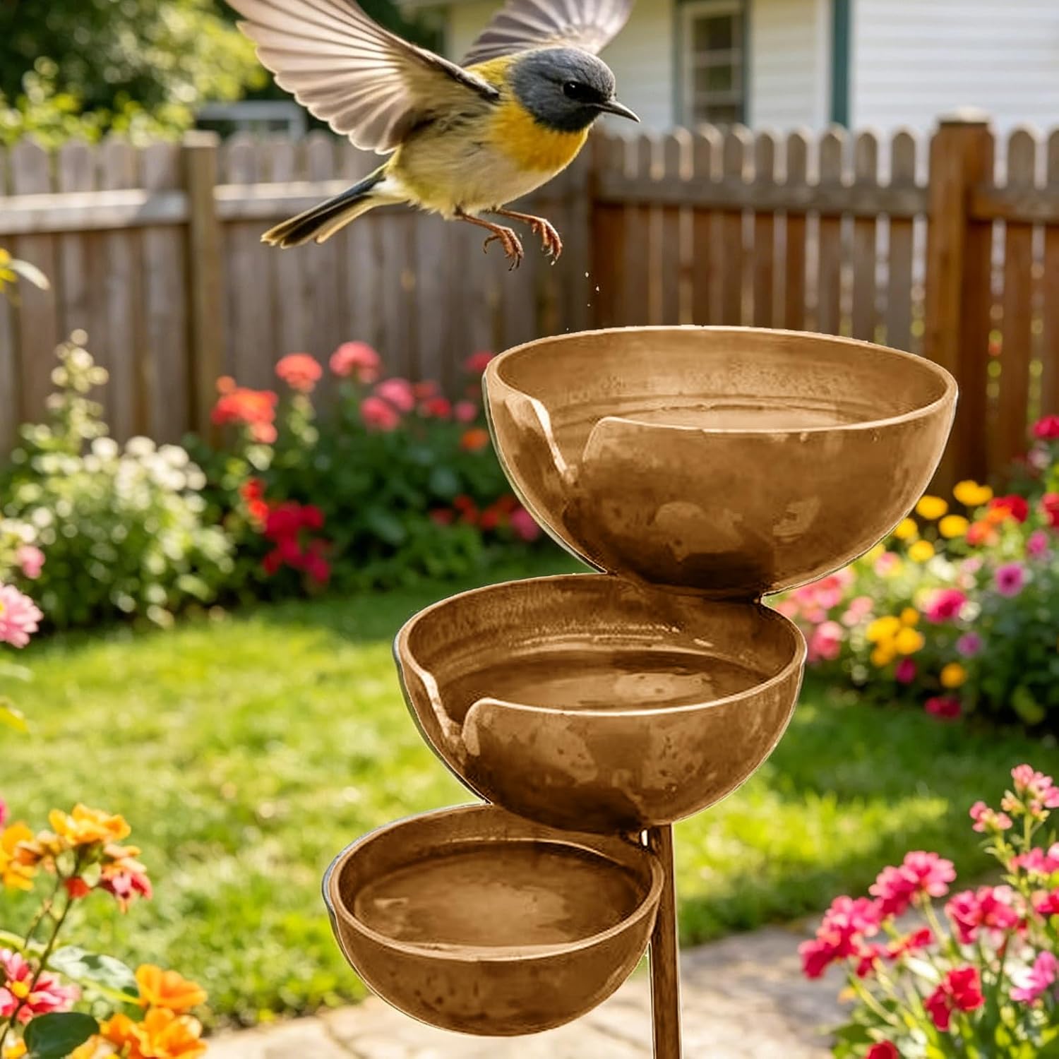 3-Tier Rain Catcher Garden Stake, Antique Bronze Metal Bird Bath & Feeder Bowls, Adjustable Height Cascading Water Station for Outdoor Yard, Lawn, Flower Bed Decor & Wildlife Pollinator Oasis