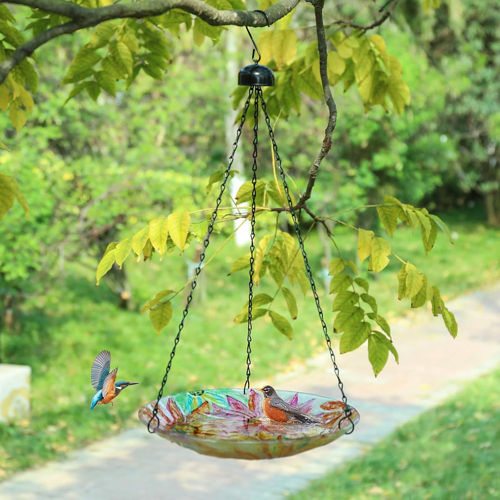 Hanging Bird Bath Outdoors Glass Bird Water Bowl Feeder Garden Decor | 12 Inch Hanging Bird Baths for Outside, Watercolour Daisy Glass Bird Water Bowl Bird Feeders for Garden, Lawn Yard Decor