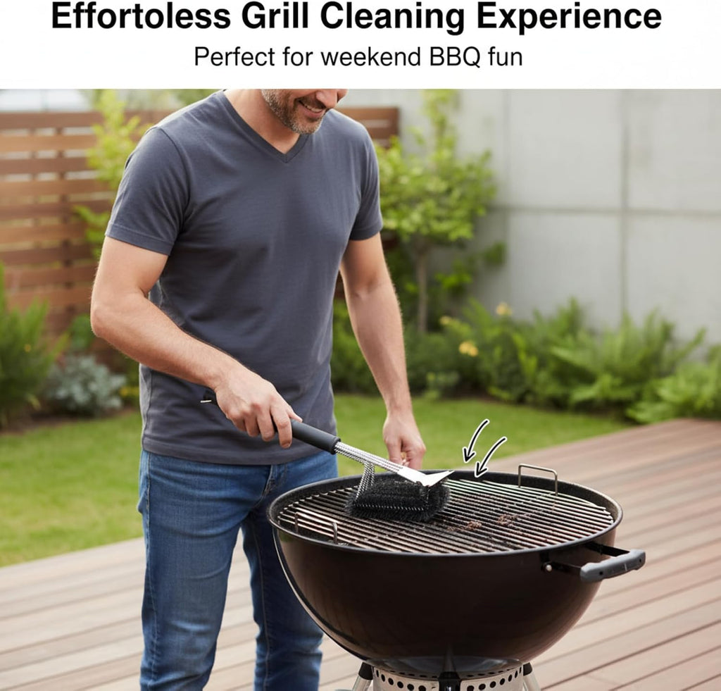Grill Brush with Scraper, 18" Handle BBQ Accessories for Outdoor Grill, Safe Wire Scrubber, Universal Fit BBQ Cleaner for All Grates