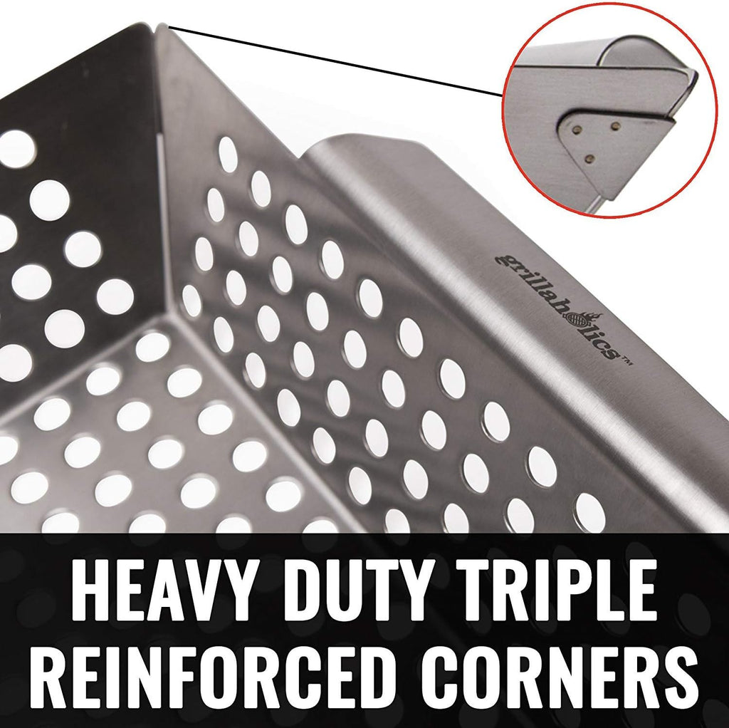 Grill Basket for Outdoor Grill - Durable Premium Stainless Steel Vegetable Grill Basket - XL Family Size BBQ Grill Basket - Perfect Grilling Accessories for Veggies, Fish, Shrimp & Kebabs | Family-Sized | Dishwasher Safe | Stainless Steel | Includes