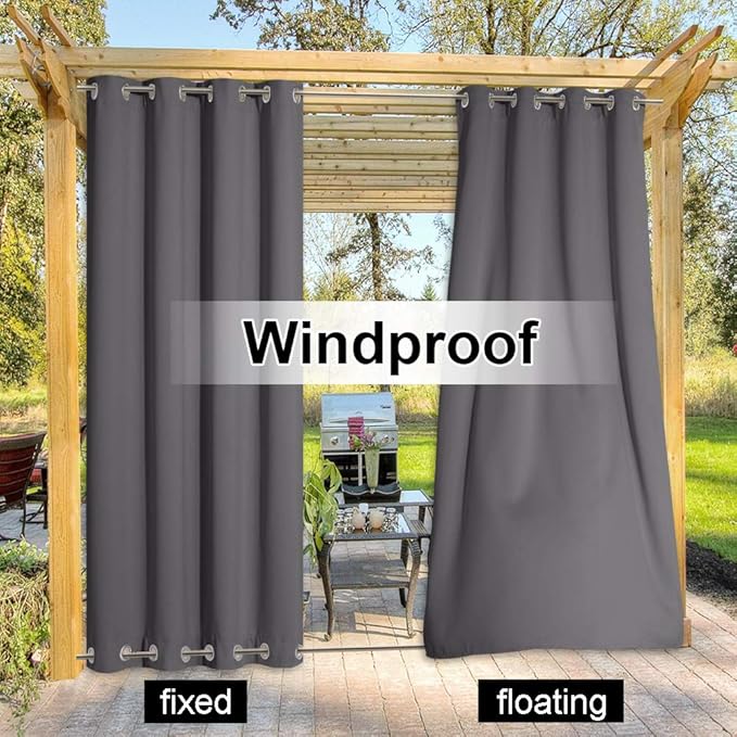 NICETOWN Outdoor Curtain Waterproof Extra Long 108" for Patio, Windproof Energy Saving Top and Bottom Stainless Steel Grommets Blackout Outdoor Drape for Porch, 1 Piece, 52 inches Wide, Grey