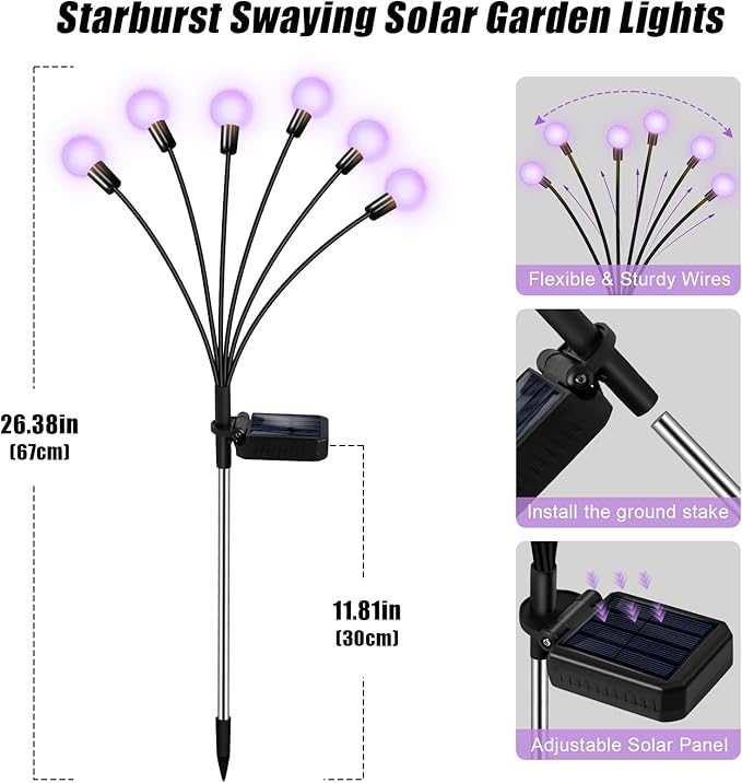 Solar Firefly Lights - 6 Pack 36 LEDs, Purple, Waterproof, Outdoor Garden Decor