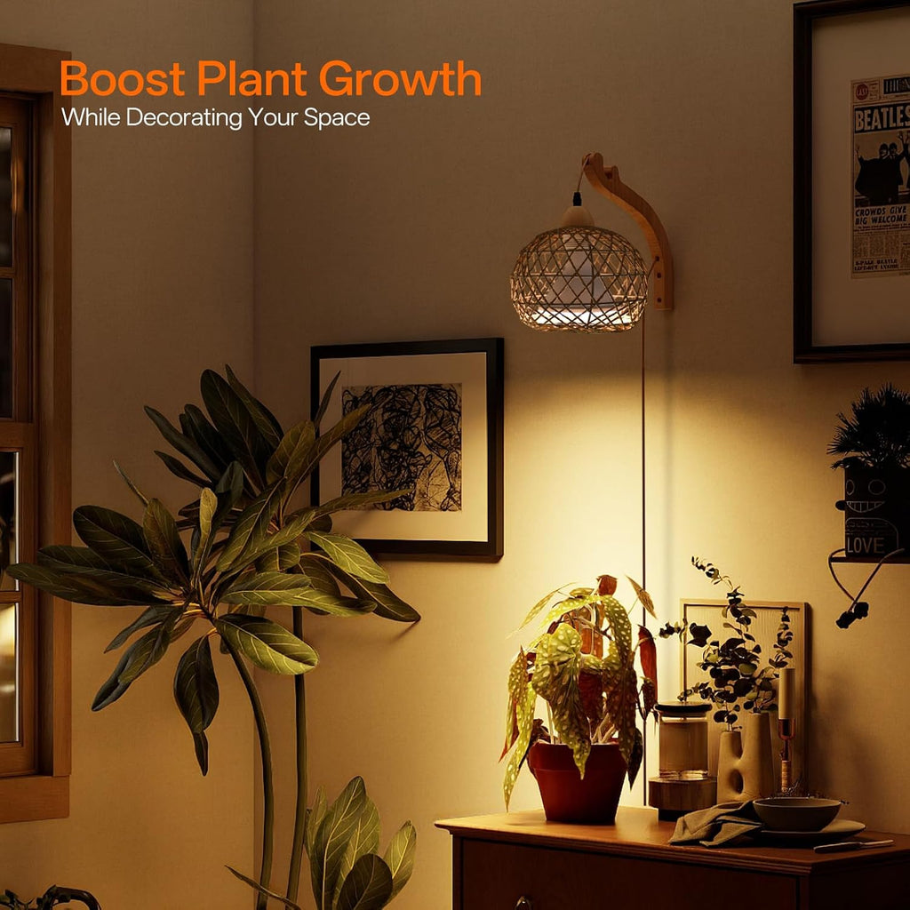 Hanging Grow Lights for Indoor Plants,3800K | 18W Wall-Mounted Decorative Grow Light with Boho Rattan Lantern Shade, 9.8FT Power Cord, for Indoor Plant Growing, Flowers