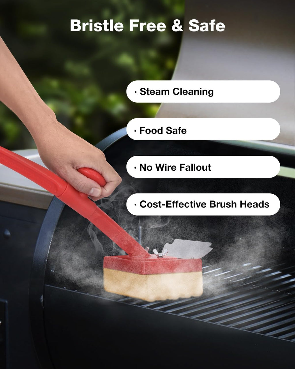 Grill Brush Bristle Free, Safe Non Metal Wire with Scraper 5 Replacement Heads, Steam Grilling Grate Cleaning Tool, Wireless Bbq Cleaner Accessory Kit Set, Outdoor Cast Iron Barbecue/Barbeque Scrubber