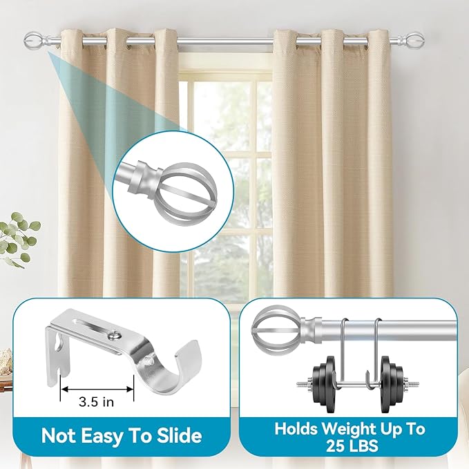 Silver Curtain Rods for Windows 48 to 84, 2 Pack 5/8 Inch Black Heavy Duty Metal Curtain Rods Set - Rustic Decorative Drapery Rods with Brackets for Farmhouse, Bedroom