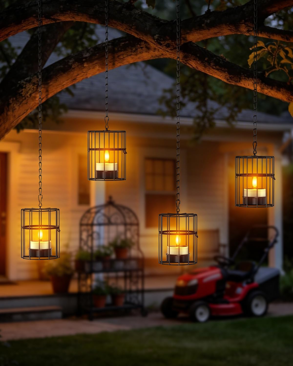 Yme Solar Hanging Lanterns Outdoor Waterproof, Long Lasting Solar Tea Light | 2 Large 2 Small Hanging Candle Holders, Flickering Flameless LED Solar Tealights, Outdoor Decor for Tree Patio Garden Pergola