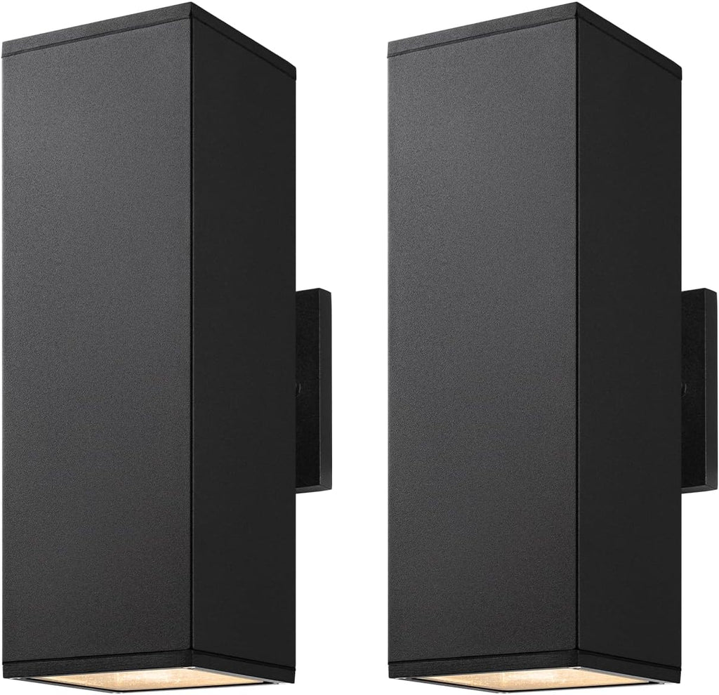 mirrea 14" Modern Outdoor Porch Light in 2 Lights, Matte Black, 2 Pack | Patio wall sconce, aluminum rectangular tube, tempered glass, waterproof. Up & down lighting for outdoor wall mount fixture.