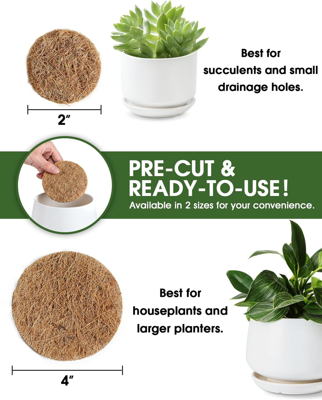 LE TAUCI Coconut Coir Drainage Mesh Pads for Flower Pots, Pre-Cut 2 Inch Pot Hole Covers to Prevent Soil Loss, Natural Coir Fiber Liners for Indoor & Outdoor Planters, 10 Pack