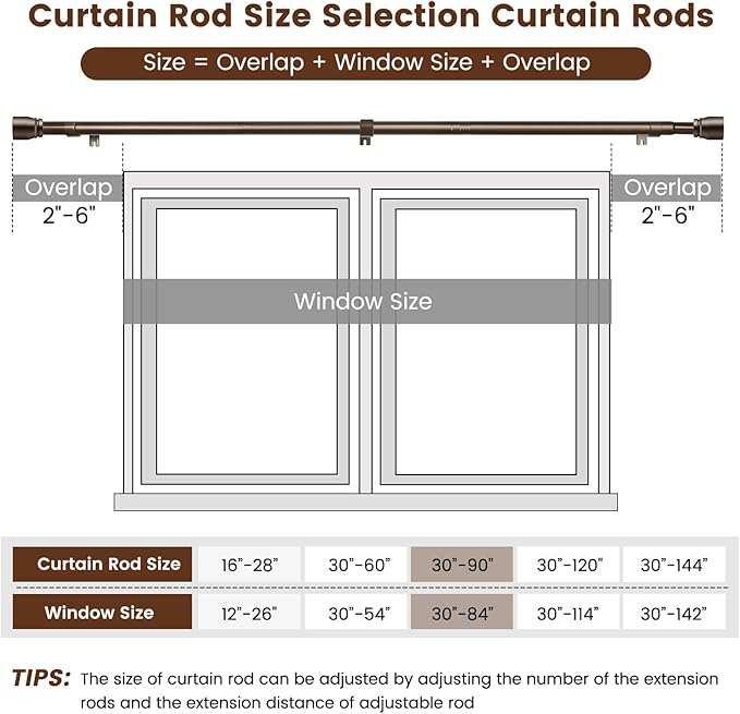1” Diameter brown curtain rod Itself is 30 to 90 inch. 1 Pack Fits 30-84 inch Windows with Heavy Duty Adjustable brown curtain rods Splicing Metal Extra Long Curtain Rod
