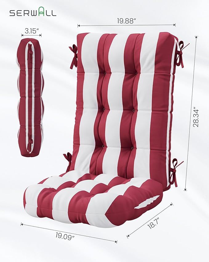 SERWALL HDPE Outdoor Rocking Chair Cushion Set of 4, Memory Foam Cushion Red White