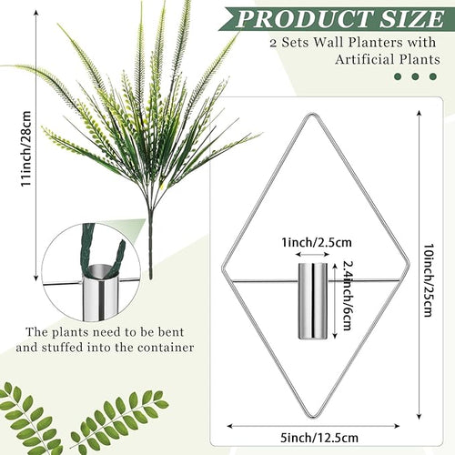 2 Pieces Wall Decor Hanging Planters with Artificial Plants Metal Hanging Vase Indoor Plants Holder Modern Boho Wall Art for Bathroom Bedroom Living Room Decor(Silver,Boston Fern)