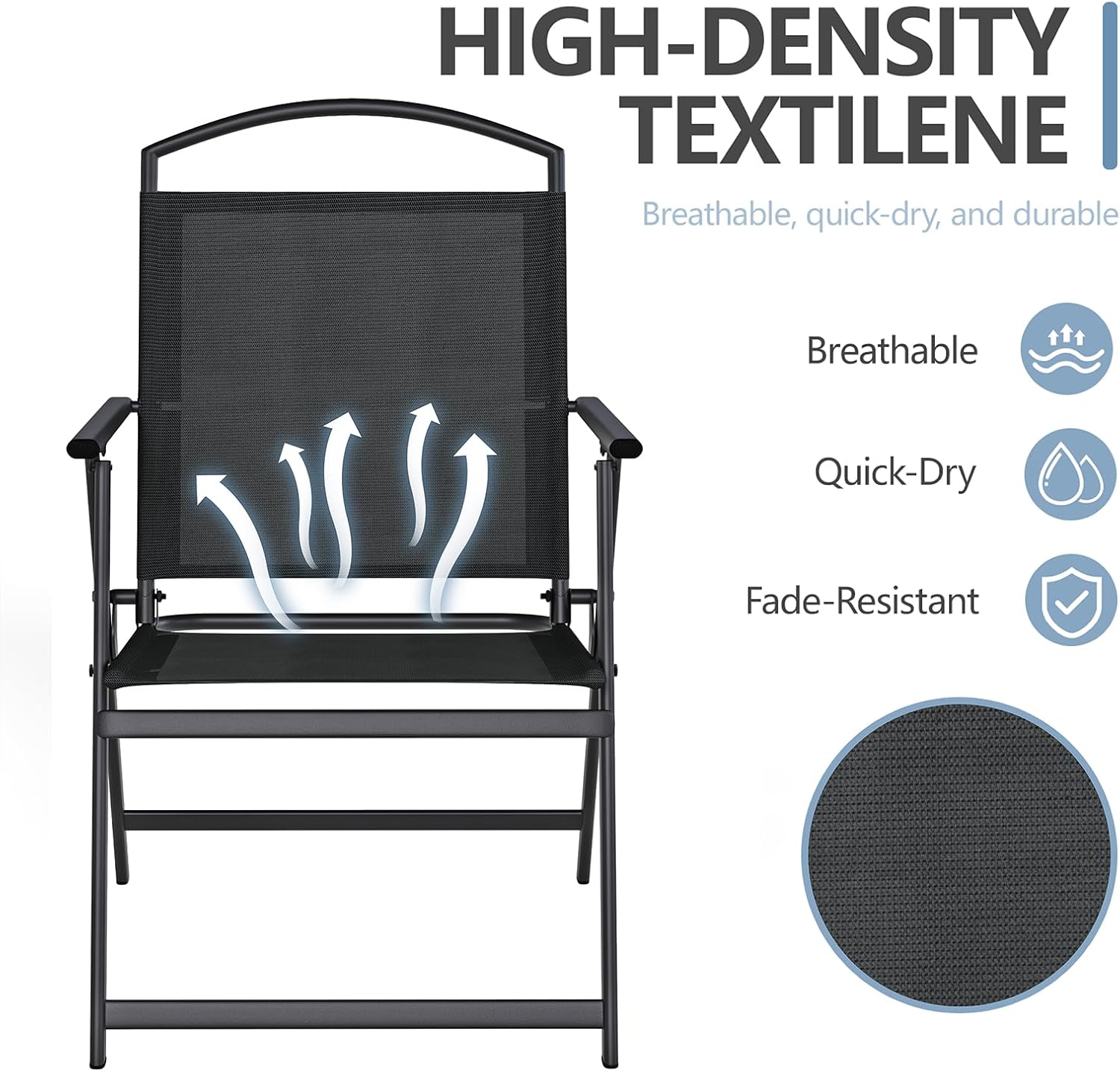 Outdoor Patio Chairs Set of 2, Folding Lawn Chairs, Black | Foldable Lightweight Dining Chairs with Armrests & Back Support, Breathable Textilene & Metal Frame for Deck, Lawn, Camping