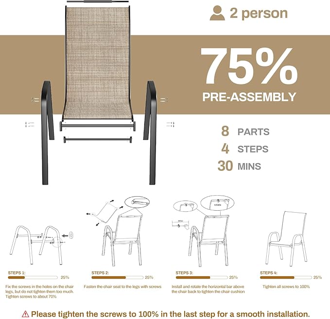 TLSUNNY Patio Chairs, Stackable Textilene Outdoor Dining Furniture for All Weather, with 17.7″ Wide Seat & Metal Frame, for Garden, Backyard, Deck, Restaurant, Poolside (6, Brown, 26.4″)