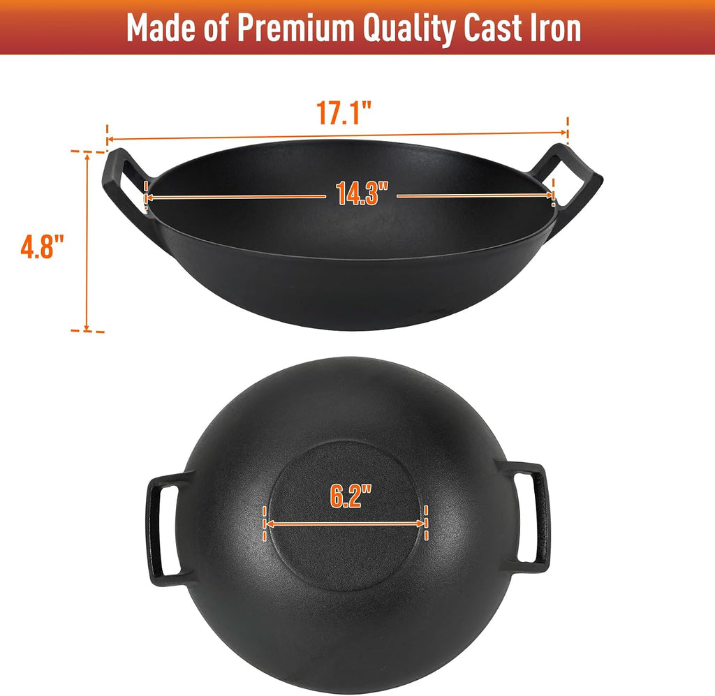 Charkettle 14" Cast Iron Wok with Handles for Gourmet BBQ System Grill | Maintains Food Flavor, Pre-Seasoned, Nonstick, Compatible with Weber Gourmet BBQ System, Campfire and Rocket Stove Use