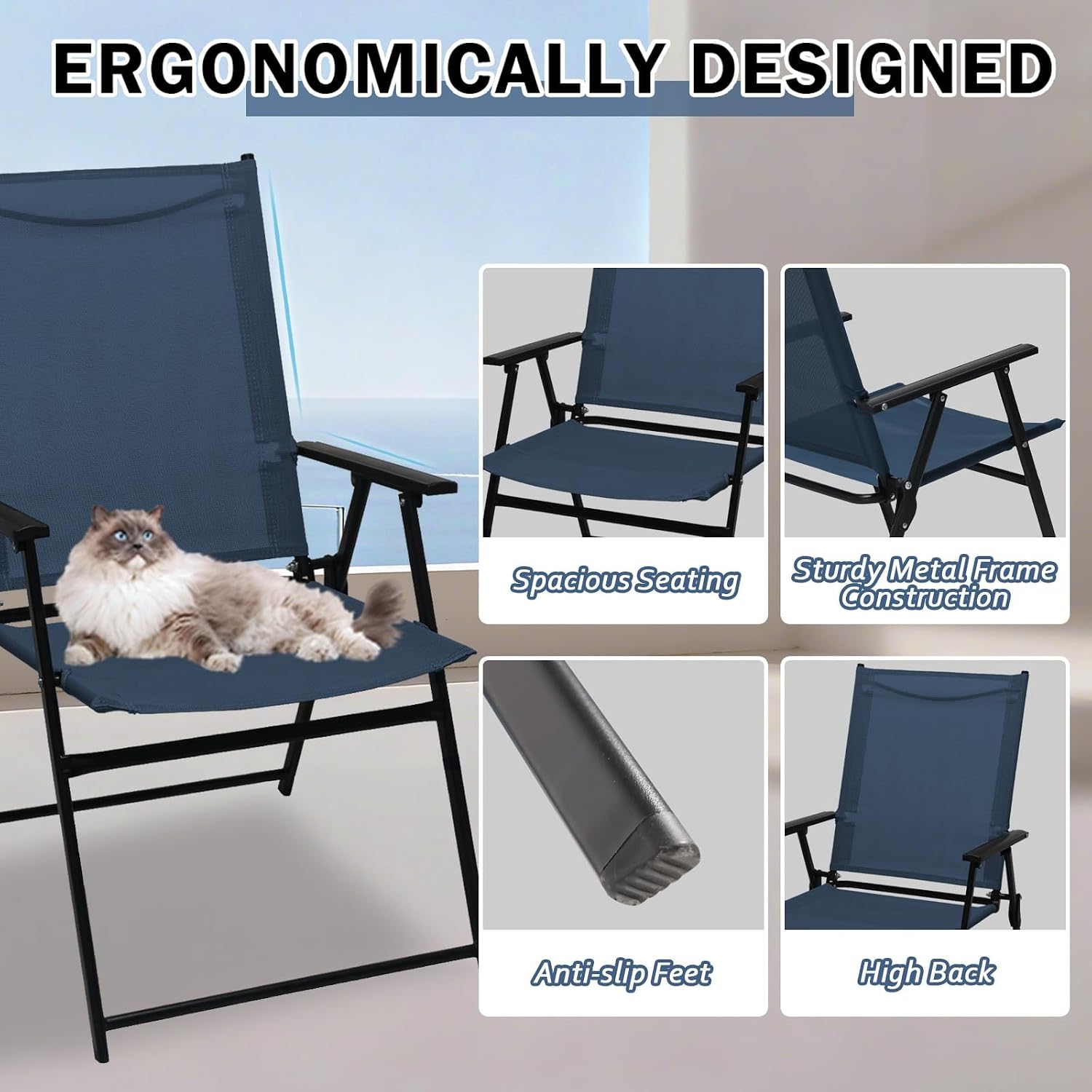 YLGJ&TIDY Folding Patio Chairs Set of 2 Stackable Outdoor Chairs with Armrests Backrest Portable Folding Chair for Patio Garden Camping Fishing Yard Lawn,No Assembly (Blue, 2 Pcs)