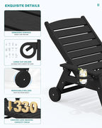 SERWALL Patio Chaise Lounge Chair Set of 2, 78'' Long 5-Positions Adjustable HDPE Outdoor Lounger for Pool, Poly Lounge Chair with Rolling Wheels & Cup Holder for Poolside, Deck, Black