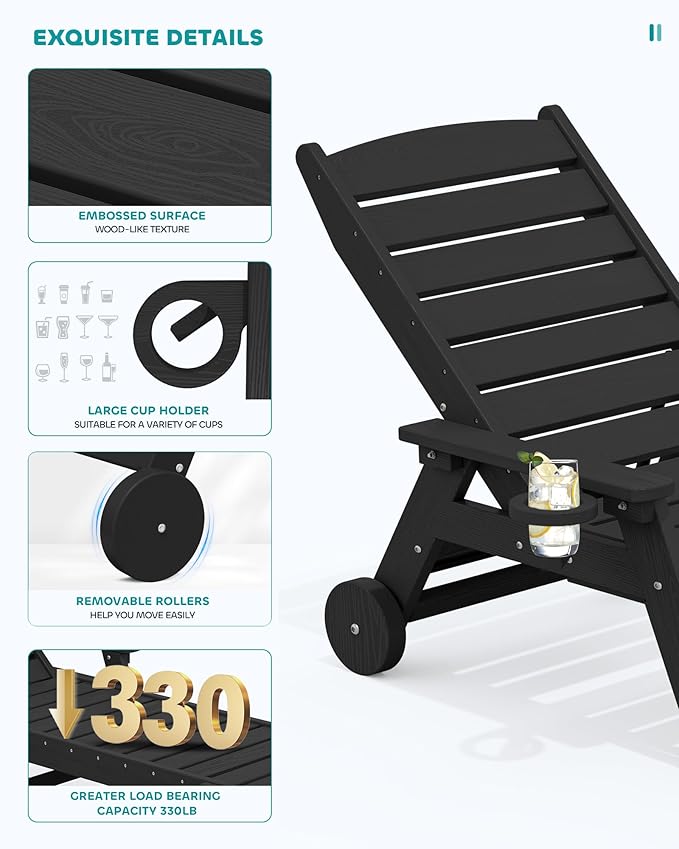 SERWALL Patio Chaise Lounge Chair Set of 4, 5 Positions Adjustable Poly Outdoor Lounger for Pool, HDPE Lounge Chair with Rolling Wheels & Cup Holder for Poolside, Deck, Obsidian Black