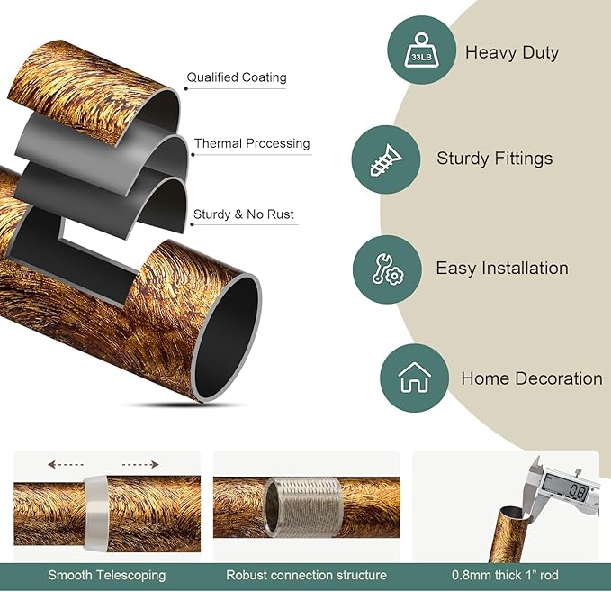 Retro Gold Curtain Rods for Windows 66 to 120 Inches Adjustable Length Heavy Duty 1" Diameter Window Curtain Rod with Decorative Finials for Outdoor Bedroom Kitchen Living Room Farmhouse