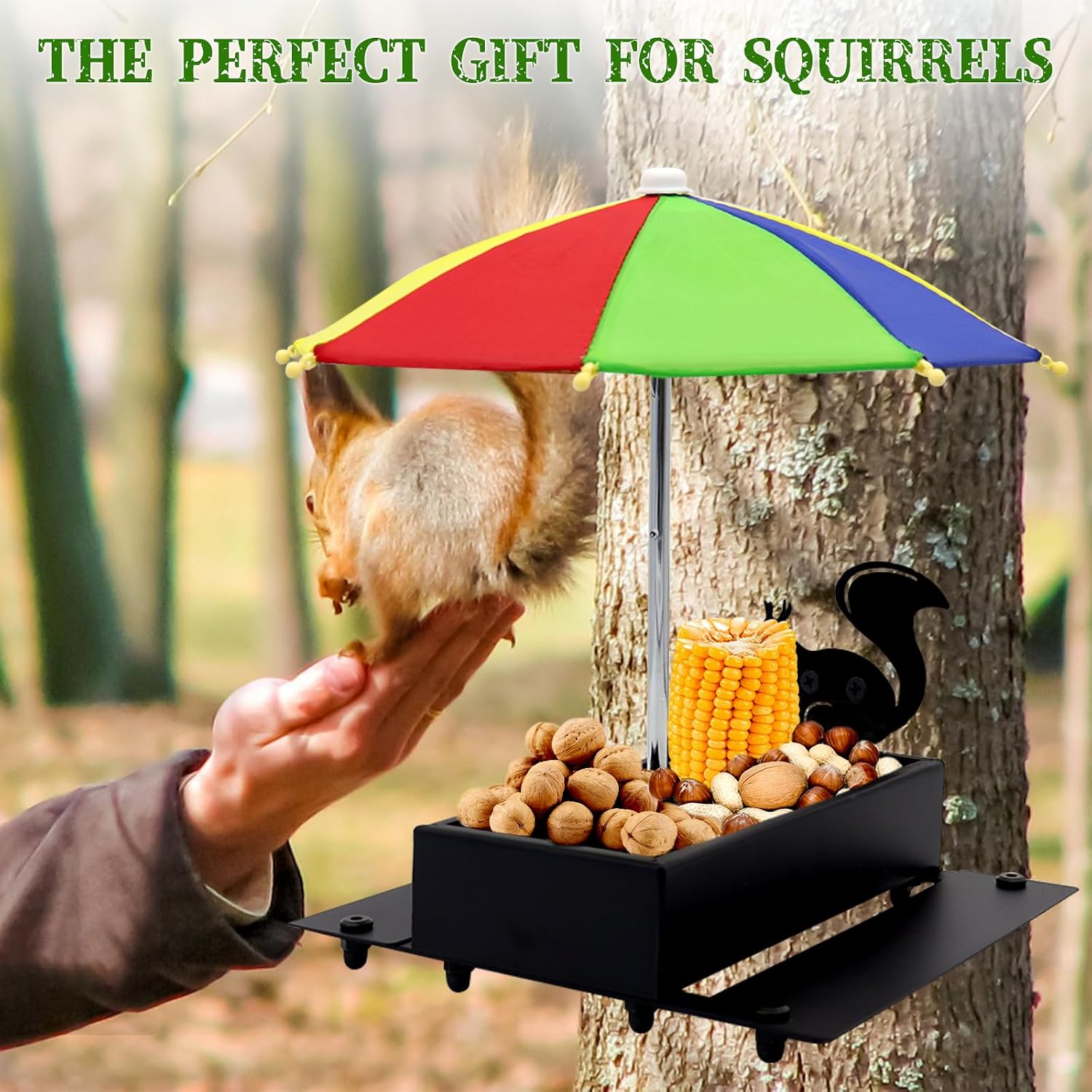 Squirrel Feeder with Umbrella Metal Squirrel Feeders for Outside Funny with Corn Cobs Durable Squirrel Picnic Table Feeder with Solid Structure Cute Chipmunk Feeder for Corn Peanuts