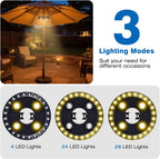 LATME Patio Umbrella Light Rechargeable Umbrella Lights– 10-25 Hours Runtime,Umbrella Pole Light 3 Lighting Modes Cordless,Patio Pool Accessories and Backyard Decor (Warm Yellow)