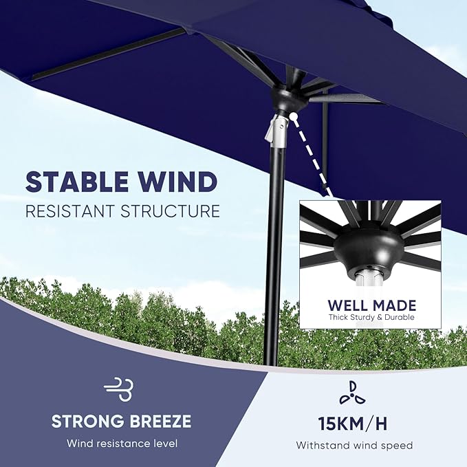 Tempera Patio Market Outdoor Table Umbrella with Auto Tilt and Crank, Large Sun Umbrella with Sturdy Pole & Fade Resistant Canopy, Easy to Set